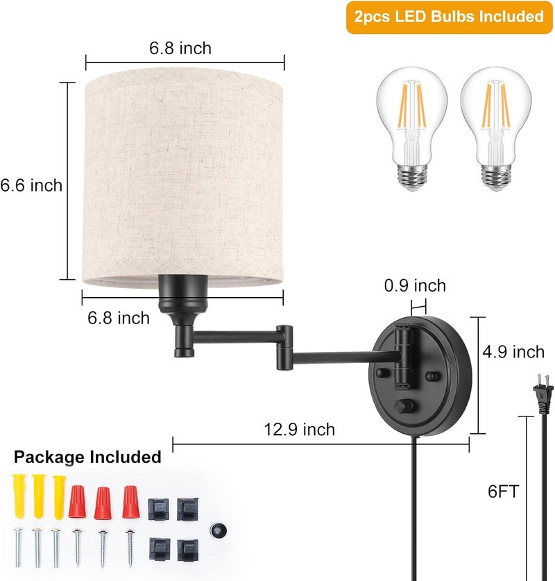 GOODATE ENCOMLI Dimmable Plug in Wall Sconces, Swing Arm Wall Lamp, Wall Sconces Set of Two, Plug in Wall Light, Sconces Wall Decor Set of 2, Linen Fabric Shade, 2pcs Bulbs Included - Image 5